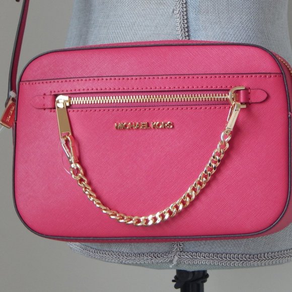 NWT Michael Kors Jet Set Item Leather LG EW Zip Chain Carmine Pink XBody Bag - Picture 2 of 14